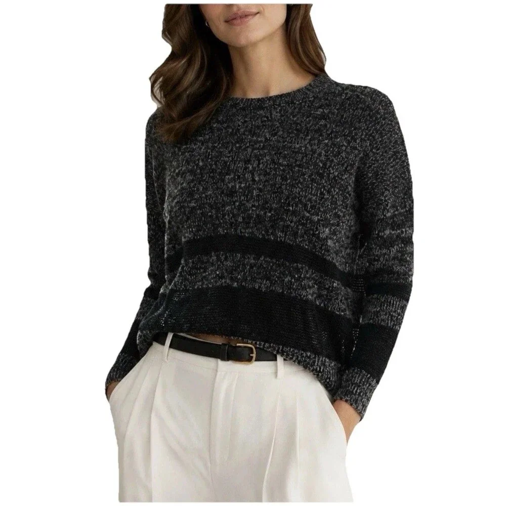 Alice + Olivia Women's M Gray Black Colorblock Linen Blend Open Knit Sweater